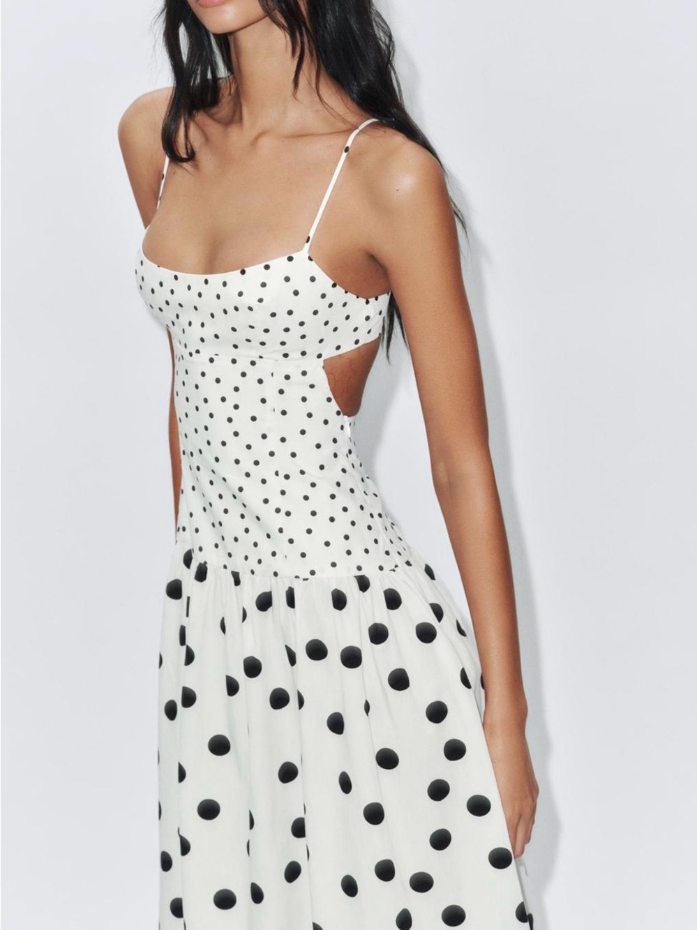 NWT Zara White Ecru Black Midi Strappy Dress Polka Dots Size Small - Picture 2 of 7